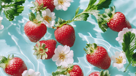 A beautiful arrangement of fresh strawberries and white flowers floats on a turquoise water surface, creating a vibrant summer scene. Perfect for culinary and nature themes.の素材