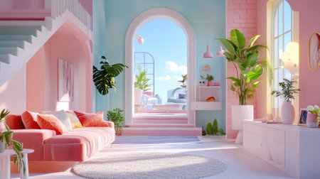 A bright and inviting living room featuring pastel colors, cozy furnishings, and lush plants. This space combines modern design elements with a serene atmosphere for relaxation and inspiration.の素材