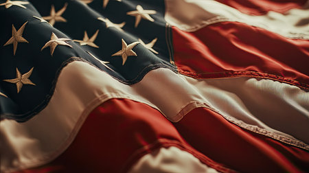 A detailed close-up of an American flag showcasing its vibrant colors and intricate stars and stripes, representing national pride and heritage in a captivating manner.の素材
