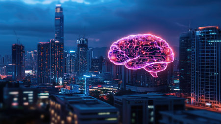 A stunning digital brain is superimposed over a vibrant city skyline at dusk, showcasing the fusion of technology and urban life in a captivating visual.の素材