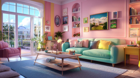 A vibrant living room featuring cozy furniture with bright colors, stylish decorations, and a lush green view through large windows enhances the inviting atmosphere.の素材