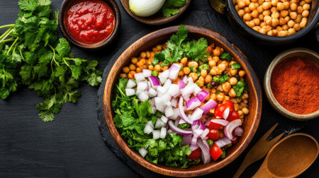 Colorful and fresh salad ingredients feature chickpeas, tomatoes, onions, and cilantro, perfect for healthy meals. Ideal for cooking inspiration and nutrition.の素材