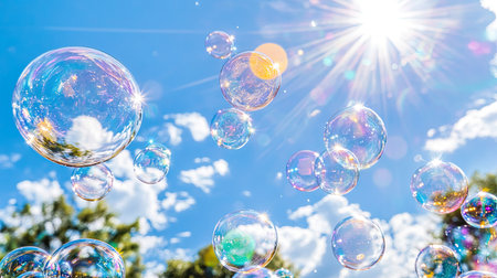 Reflective bubbles float beautifully in a bright blue sky filled with fluffy clouds, capturing the essence of joy and carefree moments in nature.の素材