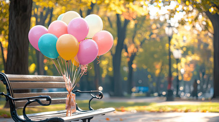 A captivating scene featuring colorful balloons tied together on a park bench during a serene autumn afternoon, surrounded by nature's vibrant hues.の素材