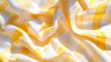 A close-up view of soft yellow and white checked fabric, showcasing its smooth texture and vibrant colors, ideal for backgrounds, fashion, and design projects.の素材