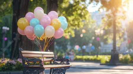 A serene park scene featuring a wooden bench adorned with colorful balloons, bathed in warm sunlight. Ideal for themes of celebration, joy, and outdoor leisure.の素材