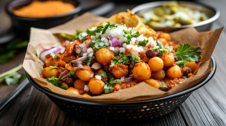 A vibrant bowl of chickpeas topped with fresh onions, herbs, and spices, perfect for a healthy snack or meal. Explore the rich textures and flavors.の素材