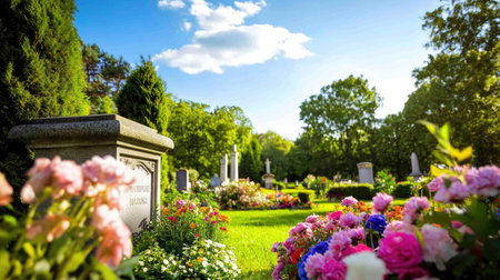 A serene cemetery scene highlighting vibrant flowers on well-kept graves under a bright blue sky, evoking feelings of peace and remembrance.の素材