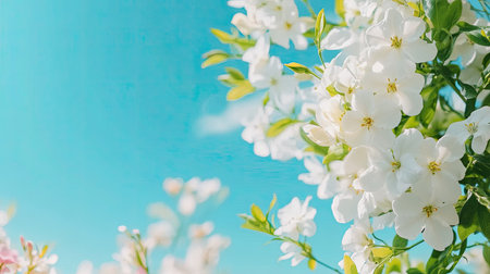 A stunning display of white flowers blooming vibrantly against a clear blue sky, capturing the beauty of nature in springtime. Perfect for floral themes.の素材