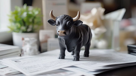 A charming black toy bull figure stands proudly on a pile of papers, surrounded by indoor plants, creating an engaging office atmosphere that merges playfulness with professionalism.の素材