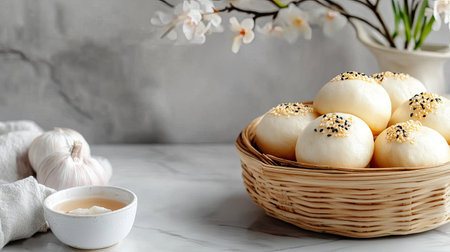 A beautiful arrangement of freshly steamed buns topped with sesame seeds, served with garlic and a dipping sauce, ideal for a cozy meal setting.の素材