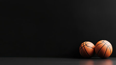A pair of basketballs positioned close together on a sleek dark surface creates a striking visual against a black background, symbolizing sports excitement.の素材