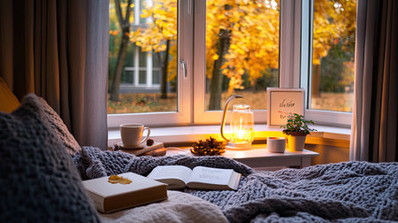 A serene indoor setup featuring a cozy bed with soft blankets, a warm light, a book, and a cup of tea, framed by autumn leaves outside the window.の素材