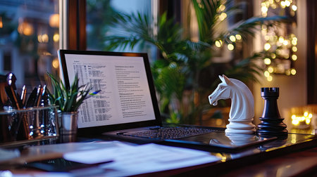 A cozy workspace featuring a laptop and chess pieces, highlighting creativity and strategy in a warm evening ambiance. Perfect for inspiration and productivity.の素材