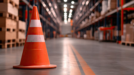 A vibrant orange traffic cone stands prominently in a spacious warehouse aisle, surrounded by shelves filled with boxes, enhancing the safety and organization theme.の素材