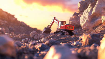 A miniature excavator sits on rocky terrain, capturing the essence of construction work. The model exhibits fine details against a stunning sunset backdrop.の素材