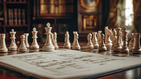 A beautiful arrangement of chess pieces on a classic table with a notepad for strategy. This rich scene captures the essence of intellectual competition and leisure.の素材