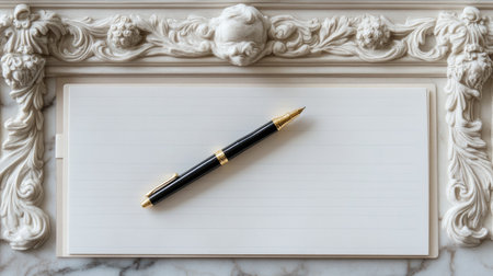 An elegant writing surface featuring a luxury pen on a beautifully ornate background. Ideal for themes of sophistication, inspiration, and creativity.の素材