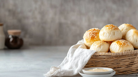 A beautiful arrangement of freshly baked soft bread rolls in a basket, topped with sesame seeds and accompanied by a creamy dip, perfect for any dining occasion.の素材