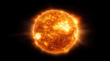 A stunning representation of the sun showcasing its vibrant colors and solar flares, illustrating the dynamic energy characteristics of this celestial body in space.の素材