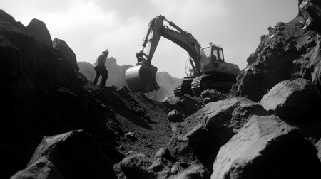 A worker operates an excavator in rugged terrain, surrounded by large rocks and steep mountains. The black and white imagery adds a dramatic effect, showcasing the intense labor of construction.の素材