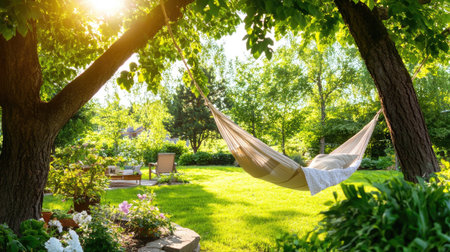 Enjoy a peaceful escape in this serene garden featuring a cozy hammock between lush trees, perfect for relaxation and unwinding in nature's embrace.の素材