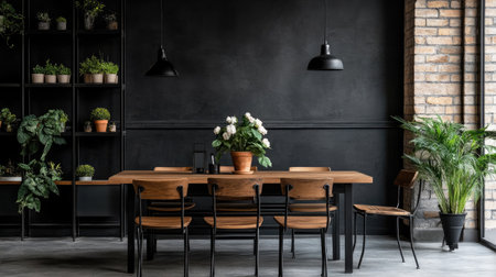A modern dining area showcasing a wooden table and chairs amidst lush indoor plants. The black walls and stylish lighting create a warm and inviting atmosphere. Perfect for creative inspiration!の素材