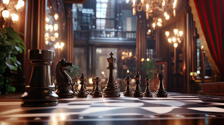A stunning display of a black chess set in an opulent library, highlighting the strategic depths of the game and inviting players for an engaging match.の素材