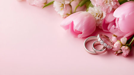 A beautiful arrangement showcasing wedding rings on a soft pink background surrounded by delicate pink flowers, perfect for romantic themes and wedding celebrations.の素材