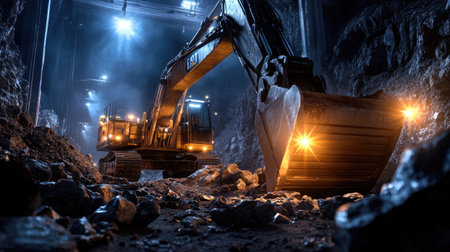 A powerful excavator operates in a dark underground mine, showcasing its lights and strong structure. The scene emphasizes industrial strength and technological advancement.の素材