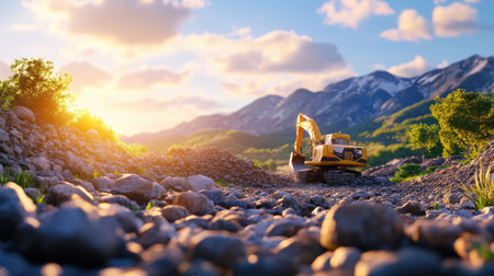 A yellow excavator sits amidst rocky terrain under a stunning sunset, surrounded by mountains and lush scenery, symbolizing construction and nature integration.の素材