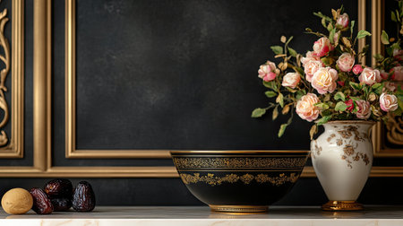 A stunning arrangement featuring an elegant black bowl and a floral vase, set against a richly patterned backdrop, showcasing sophistication and artistic beauty.の素材