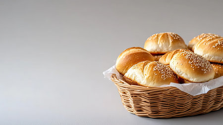 A cozy arrangement of freshly baked buns topped with sesame seeds in a woven basket. Perfect for meals, gatherings, or as a tasty snack option.の素材