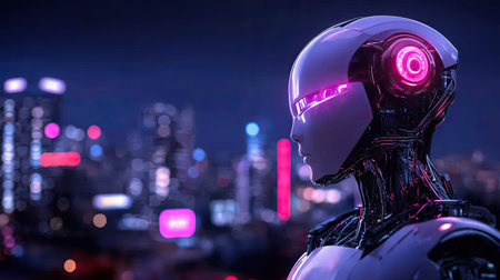 This stunning image features a futuristic robot with glowing neon lights, set against a vibrant cityscape at night, highlighting advanced technology and innovation.の素材