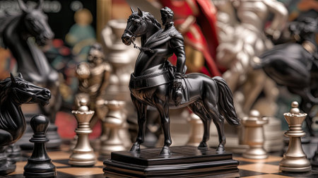 A striking black chess piece stands prominently on a chessboard, showcasing detailed craftsmanship. The artistic background hints at rich cultural themes in chess strategy.の素材