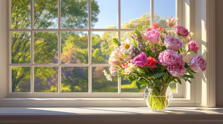A bright floral arrangement sits gracefully on a windowsill, basking in sunlight. The scenic view outside showcases lush greenery and colorful blossoms, creating a serene atmosphere.の素材
