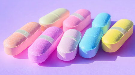 Delightful pastel capsules arranged on a soft pink gradient background, representing health and wellness in a vibrant and colorful aesthetic for creative projects.の素材