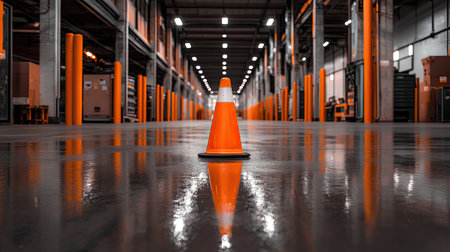 A vibrant orange traffic cone stands alone in an industrial warehouse, reflecting on a polished floor under bright lights, symbolizing safety and caution in a contemporary setting.の素材