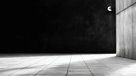 A stunning minimalist black and white interior showcasing geometric shapes and shadows, creating a serene and calming atmosphere ideal for artistic settings.の素材