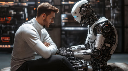 A poignant moment showcasing the connection between a human and a robot, exploring themes of emotion and technology in a futuristic setting.の素材