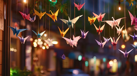 A stunning display of colorful paper cranes suspended in a softly lit urban environment, creating a whimsical atmosphere perfect for festive occasions.の素材