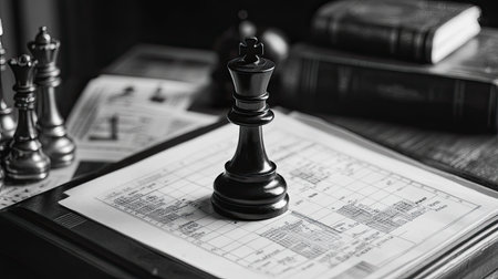 A striking monochrome image featuring a black king chess piece on game score sheets. This artistic composition evokes strategy, competition, and reflection in chess.の素材