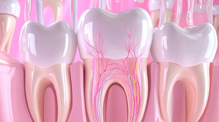 Digital illustration showcasing detailed teeth anatomy, emphasizing roots and nerve structure. Ideal for educational and medical contexts related to dental care and health.の素材