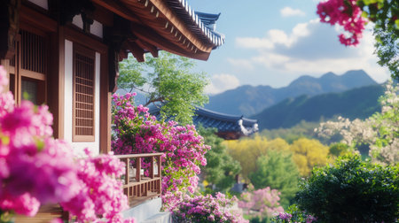 Explore a tranquil scene featuring traditional architecture adorned with vibrant pink flowers, complemented by a breathtaking mountain backdrop under a sunny sky.の素材