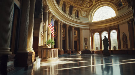 Awe-inspiring view of a grand government building interior featuring elegant columns, light streaming through large windows, and an American flag.の素材