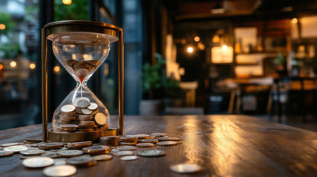 A detailed hourglass filled with coins sits on a rustic table, emphasizing the relationship between time and money. Perfect for finance and business themes.の素材