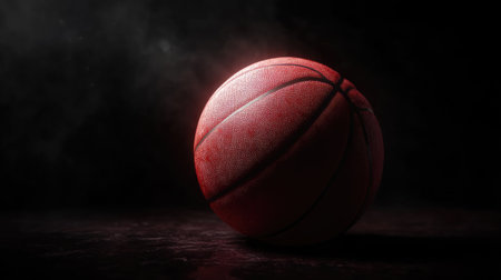 A vibrant basketball rests on a dark surface, illuminated by soft light with a smoky effect. This dynamic image captures the essence of the sport, symbolizing energy and competitive spirit.の素材
