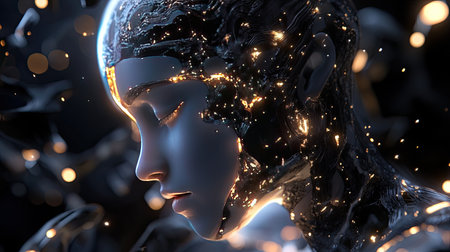 This stunning image features a futuristic robot head with glowing elements, showcasing intricate details and an abstract design that sparks imagination and innovation.の素材