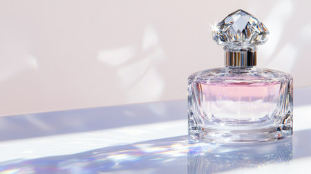A stunning glass perfume bottle exuding elegance sits on a reflective surface. The soft pink fragrance glimmers in the light, capturing beauty and style.の素材