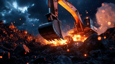 A heavy excavator operates in a dramatic nighttime scene, sending sparks and smoke into the air. The image captures the power and intensity of construction work under dynamic lighting.の素材